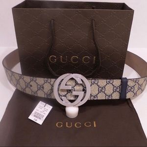 New Beige/Blue Monogram Gucci Belt Silver Buckle Classic